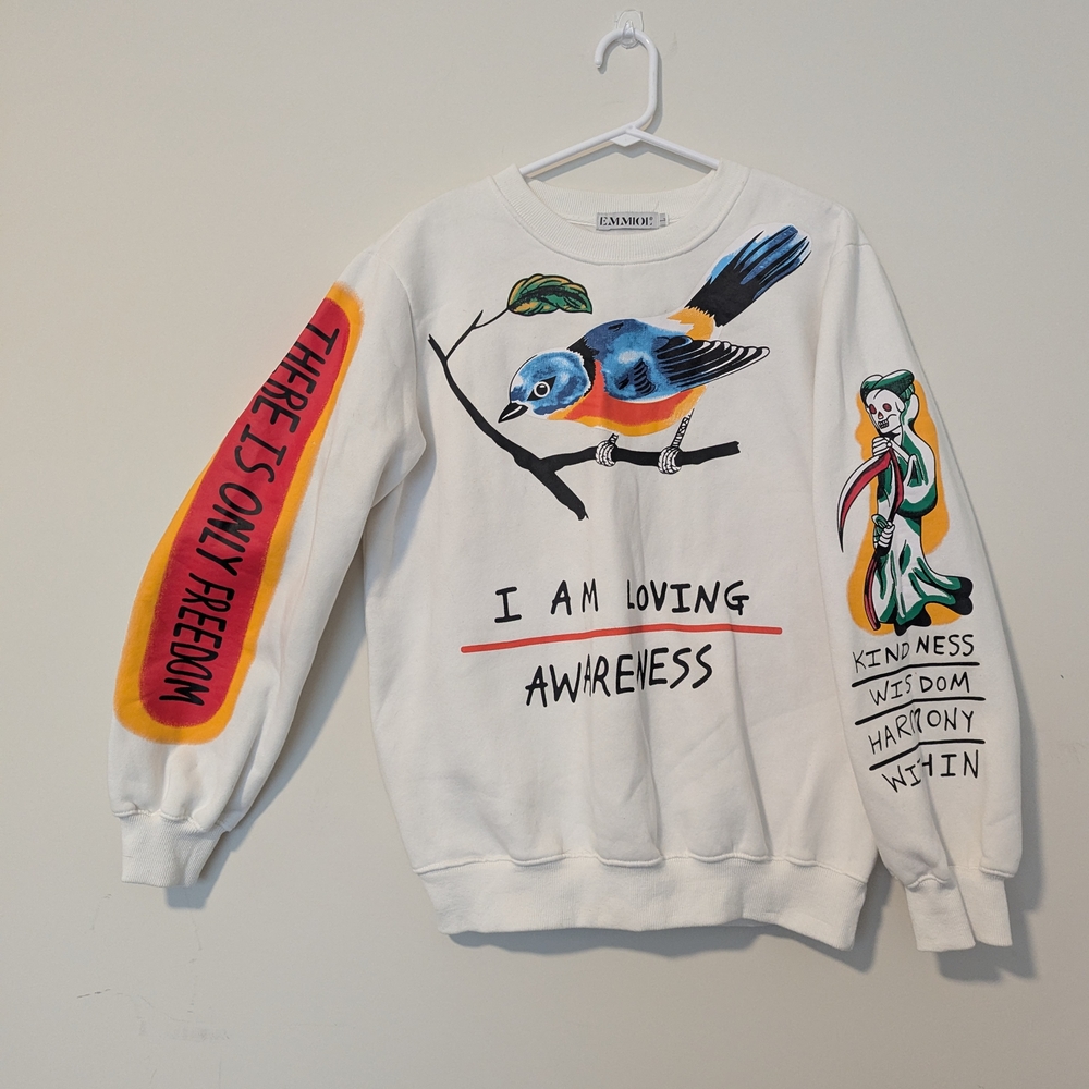 White Graphic Sweater with Bird Design